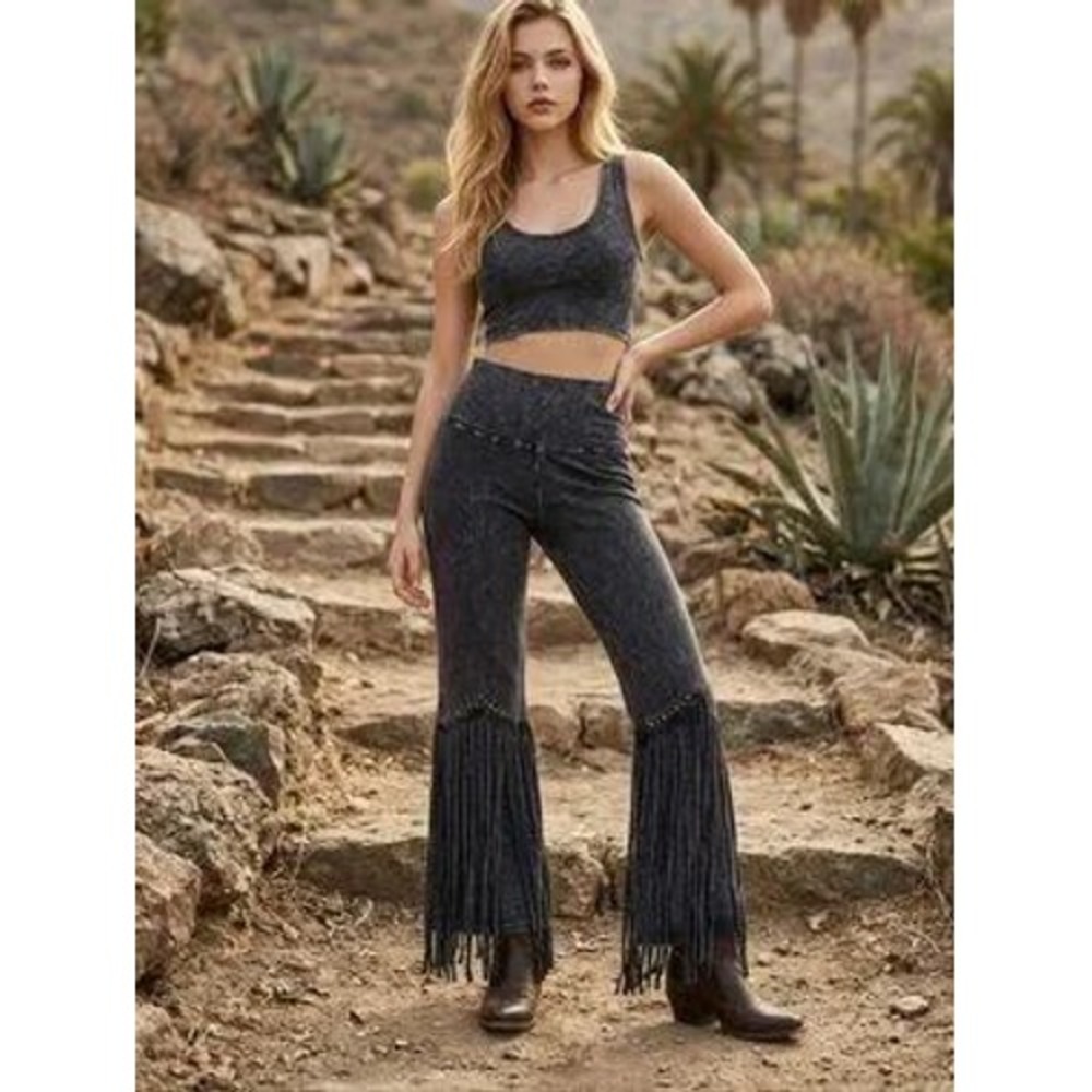 T-Party Mineral Wash Fringe Flare Pants Studded Boho Western Grey M CJ72504